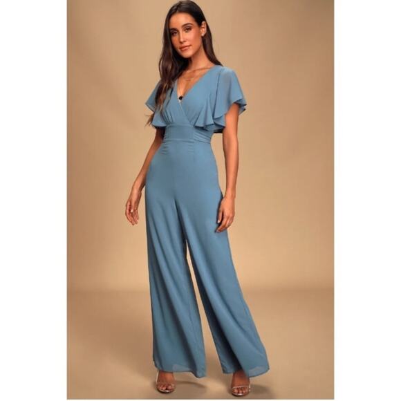 Lulu’s | Bow For Love Flutter Sleeve Jumpsuit Slate Blue XS - Picture 1 of 7